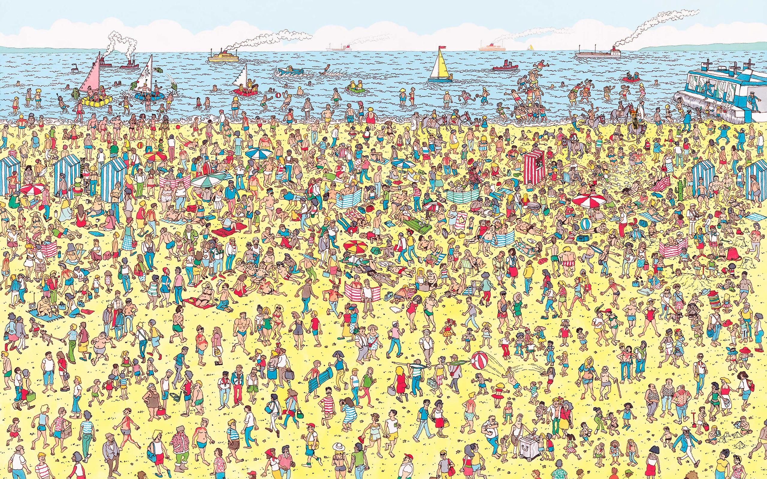 Praia lotada desenhada no estilo Onde está Wally, com centenas de banhistas, barcos no mar e cavalos na areia.